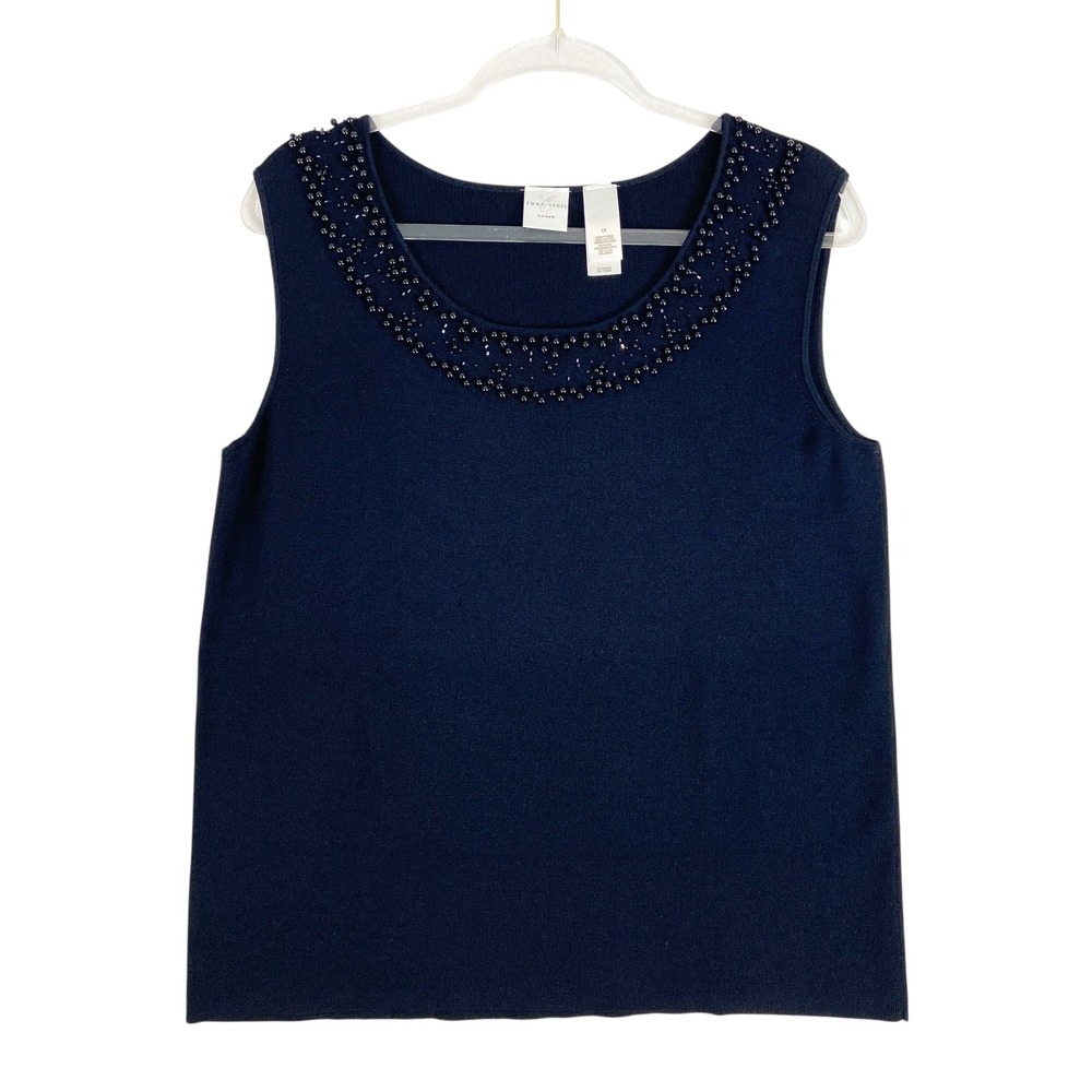 Emma James Woman‎ Black Beaded Neck Knit Shell Tank Top Plus 1X Layering